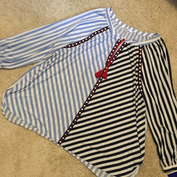 NWT Nygard Missy Indigo & Red Harlequin Striped Tassled Tunic Blouse - Picture 12 of 16